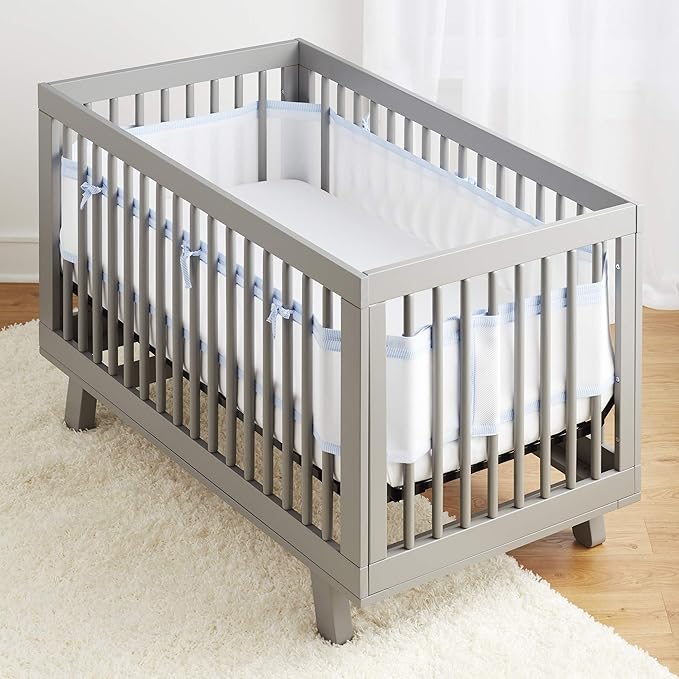 BreathableBaby Breathable Mesh Liner for Full-Size Cribs, Classic 3mm Mesh, Blue Seersucker (Size 4FS Covers 3 or 4 Sides)