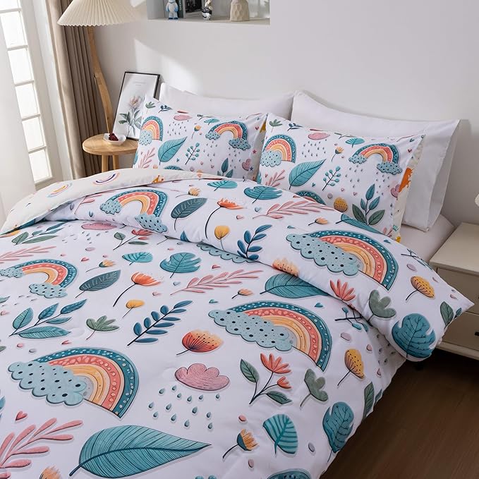 Btargot Lightweight Soft 3 Piece Rainbow Comforter Set with 2 Pillow Covers, Cartoon Leaves Flowers Bedding Set for Girls Boys Kids, Full Green