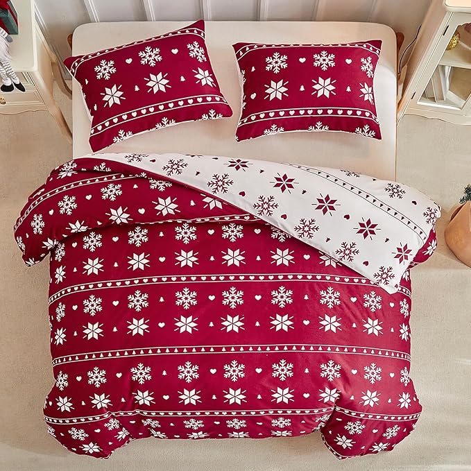 Lekesky Duvet Cover Queen Size,3 Pieces Reversible Duvet Cover Set with Snowflake Red Bedding Set with Zipper and 8 Corner Ties, 1 Duvet Cover 90x90 inches + 2 Pillowcases