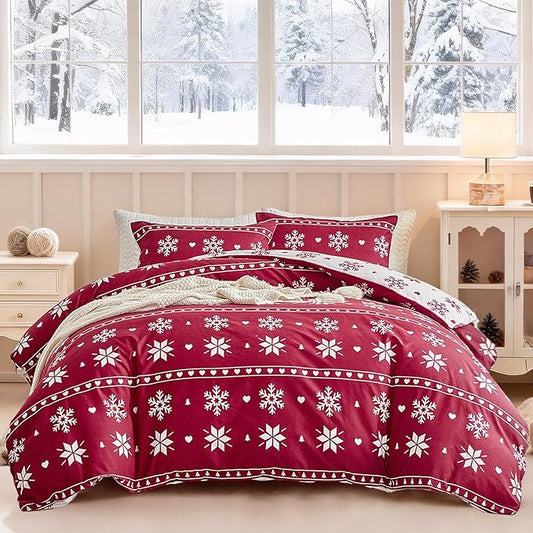 Lekesky Duvet Cover Queen Size,3 Pieces Reversible Duvet Cover Set with Snowflake Red Bedding Set with Zipper and 8 Corner Ties, 1 Duvet Cover 90x90 inches + 2 Pillowcases