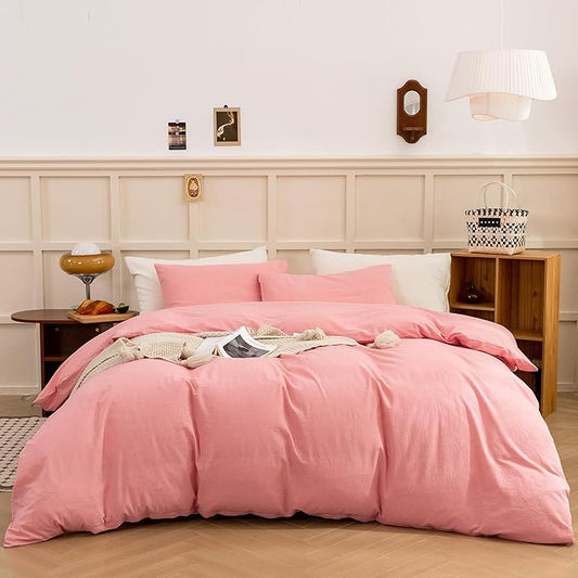ECOCOTT Pink Duvet Cover Queen Size - Linen Feel Organic Natural 100% Washed Cotton, Soft Breathable 3 Pieces Bedding Set with Zipper Closure