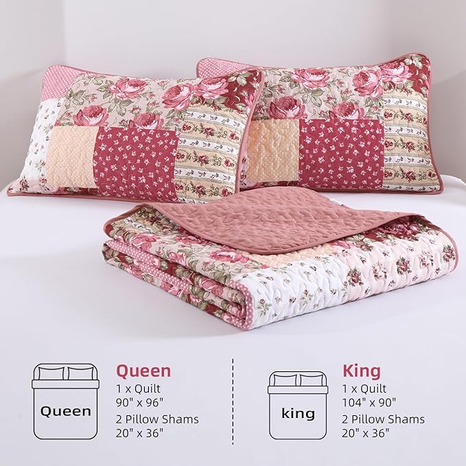 Anibedding 3Pieces Patchwork Quilts King Size, Bohemian Red Flower Plaid Bedspreads with Double Pillowcases for All Season