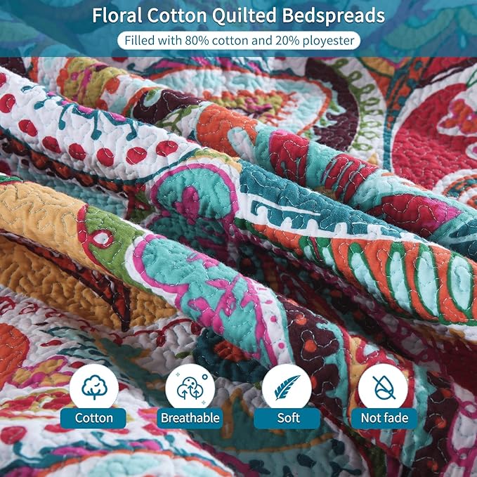 Qucover 100% Cotton Twin Quilt Set, 2 Piece Multicolor Paisley Boho Style Twin Bedspread with Pillow Shams, 68"x86"