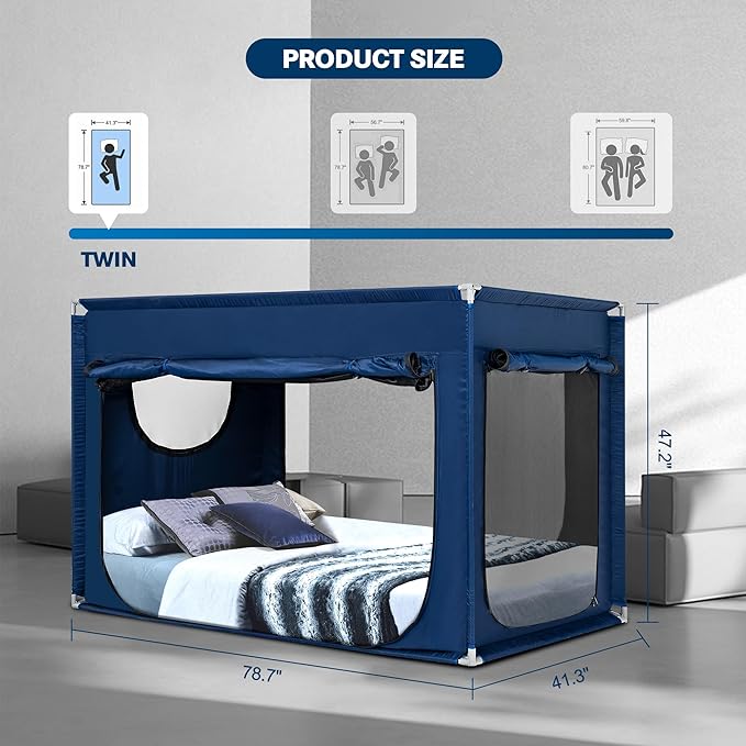 Twin Bed Canopy Portable Blackout Bed Tent Privacy Tent for Adult Indoor Sleeping with 3 Doors, Storage Bag, Navy Blue