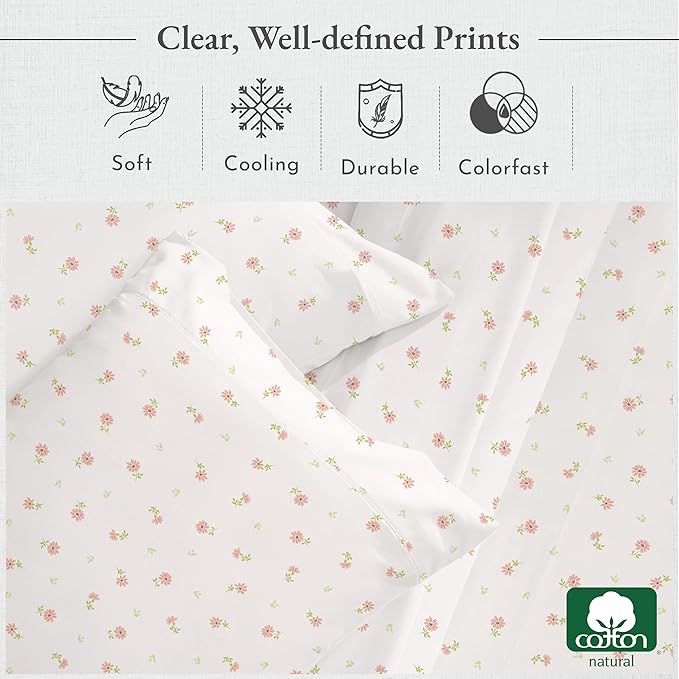 California Design Den Deep Pocket Twin Sheets Set - 400 Thread Count Sateen, Natural 100% Cotton Sheets, and Durable Bedding Set - Soft Floral