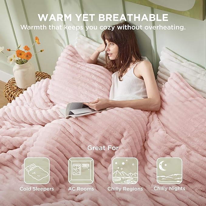 Bedsure Comforter Full Size - GentleSoft™ 3 Pieces Fluffy Double-Side Fleece Comforter Set, Cozy Striped Room Decor Aesthetic, Luxury Pink Full Size Bedding with 2 Pillowcases, 82x86 Inches