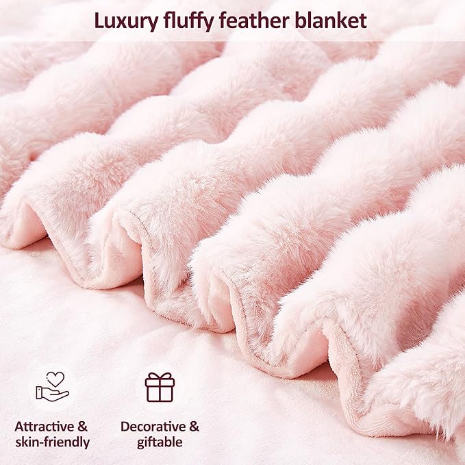 DREAMNINE Large Soft Thick Fuzzy Bubble Faux Rabbit Fur Bed Blanket Queen Size - 80" x 90", Big Warm Shaggy Fluffy Blankets for Winter, Solid Luxury Cozy Cute Bumpy Furry Blanket for Bed Adult, Pink