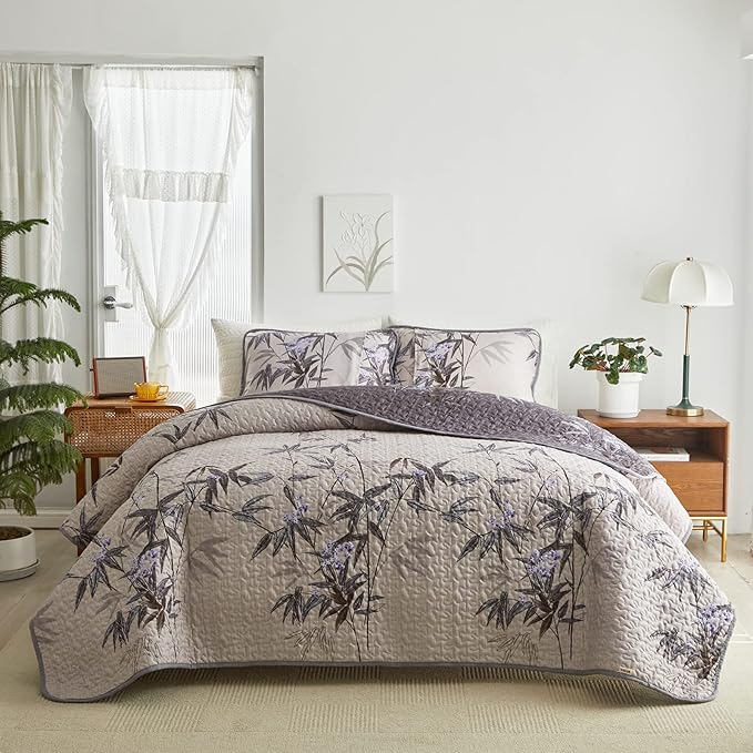 Flysheep Quilt Set 2 Pieces Twin Size, Black Leaves Botanical Design Reversible Bedspread Coverlet Set, Soft Microfiber Lightweight Bed Cover for Kids (68" x 86", 1 Quilt+ 1 Pillow Sham)