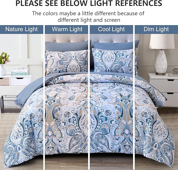 Drucon Blue Paisley Comforter Set Queen, 7 Pieces Bed in a Bag Boho Comforter Soft Microfiber Blue Paisley Bedding(1 Comforter, 1 Flat Sheet, 1 Fitted Sheet, 2 Pillow Shams, 2 Pillowcases)