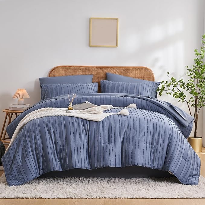 WURUIBO Comforter Set Size, Blue Comforter Set King Size, 7 Pieces Bed in a Bag, Ultra Soft Queen Bedding Set, Bed Set for All Seasons, Flat Sheet, Fitted Sheet, Pillowcases, Pillow Shams