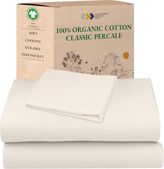 California Design Den XL Twin Sheets Set - Soft 100% Organic Cotton Sheets with Deep Pockets, Crisp Percale, Breathable and Durable Bedding, Dorm Essentials for Guys - Ivory (Cream Tone)