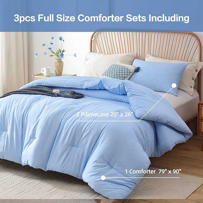 ROSGONIA Full Size Comforter Sets for Girls Boys Kids Light Blue, 3pcs Comforter Full Size (1 Comforter & 2 Pillowcases) Lightweight Dorm Bedding Sets