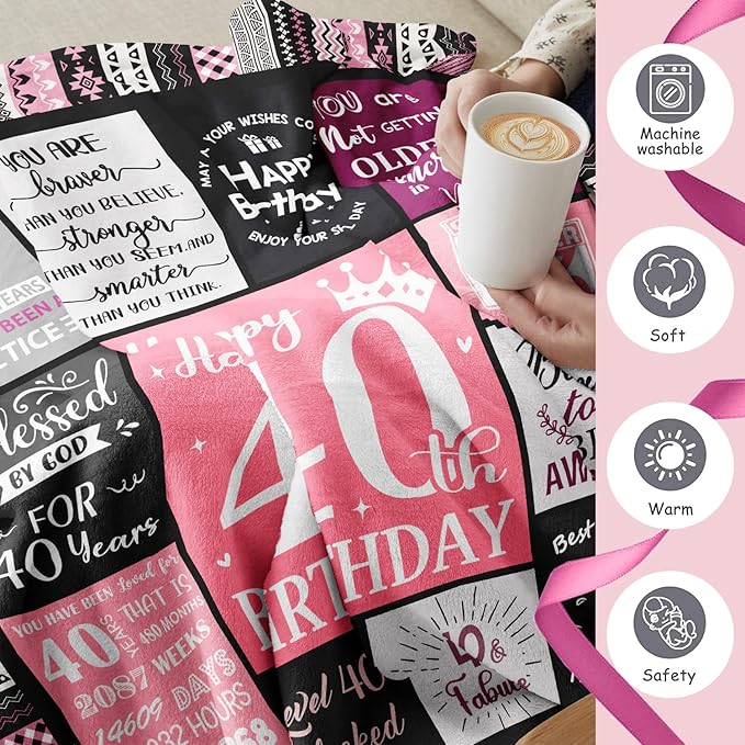 40th Birthday Gifts Women Blanket 60”X50”, 40th Birthday Decorations for Women, Happy Forty Birthdays Gift Ideas for Woman, 1986 Birthdays Gifts for 40 Year Old Woman Throws