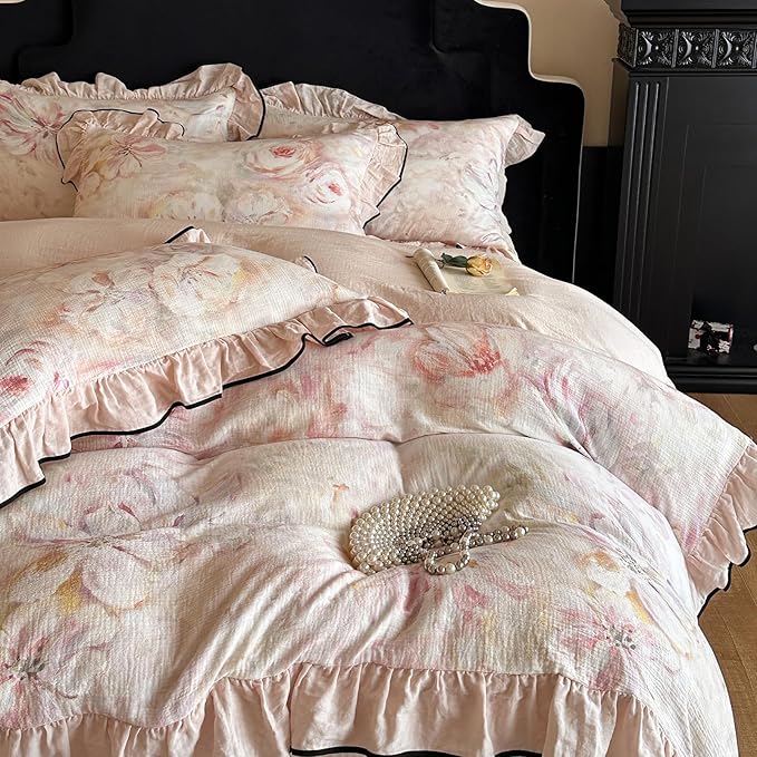 HighBuy Ruffle Floral Bedding Linen Duvet Cover King,Yarn-Dyed Cotton Linen Textured Breathable Cottagecore Bedding Set for Women Girls,1 King 104"x90" Duvet Cover and 2 Ruffle Pillowcases