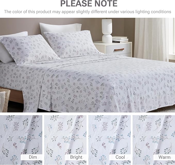 True North by Sleep Philosophy Flannel Sheets King Size, Cozy 100% Cotton Flannel Bed Sheets, Ultra Soft Sheet Set, Novelty Print Themed Cold Weather Warm Bedding Set, White Tossed Botanical, 4 Piece
