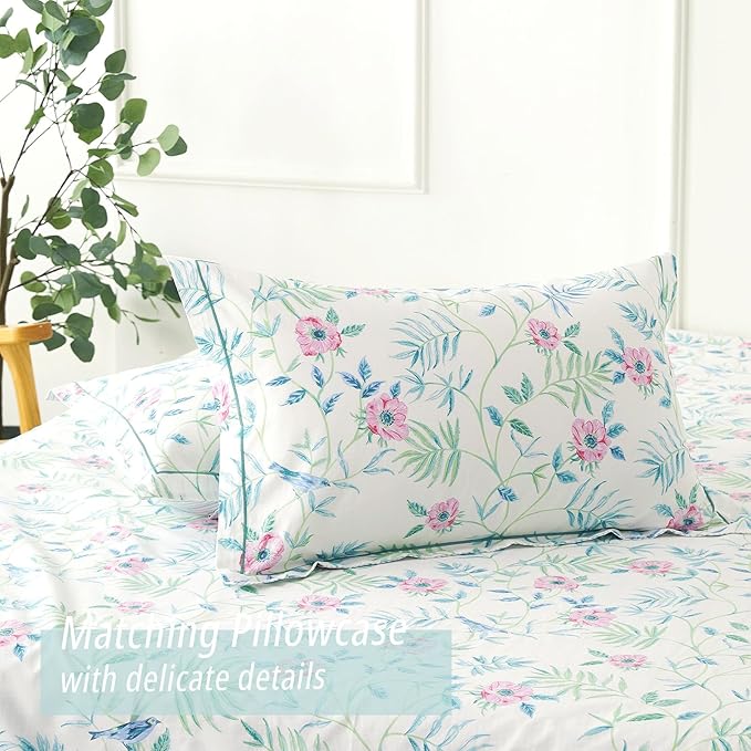 Elegant 100% Cotton Duvet Cover Queen Size - Petal Pink Flowers & Sage Branches on Soft White,Fine Striped Back, Neutural Bedding Set 3Pcs with Button Closure (Queen,90"x90")