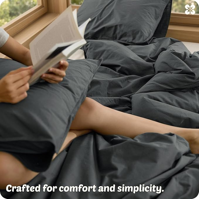 Bedsure Cotton Duvet Cover Queen - Luxury Slub Weave 100% Cotton Duvet Cover with a Linen Like Textured, Easy Change Durable Bedding, Charcoal, 90" x 90"