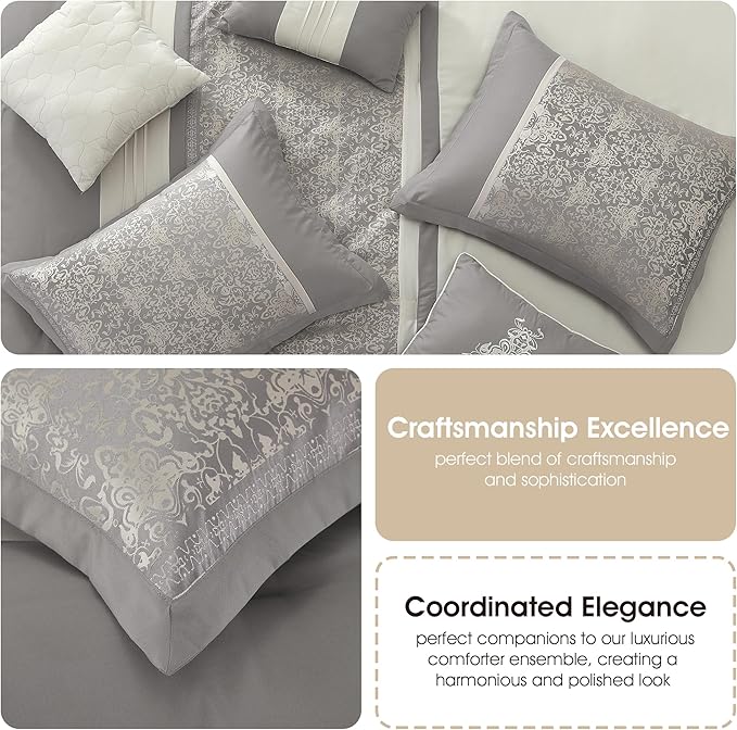 Grand Avenue 7 Piece Grey Comforter Set, Queen Size, Damask acquard Home Decor, Matcking Bed Skirt, Decorative Pillows & Shams, All Season Cozy Bedding Set