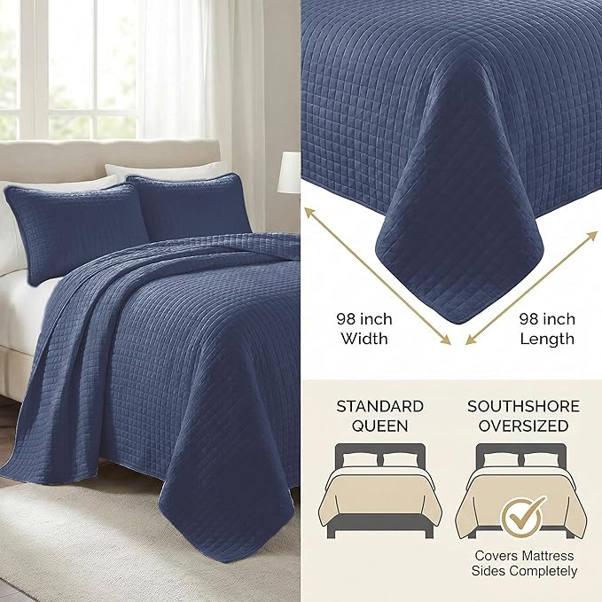 Southshore Fine Living, Inc. Summer Quilt Queen Size/Full Size Bedding Set, Wrinkle-Free Stain & Pet Hair Resistant Bedding, Easy Care Coverlet Bedspreads Queen Size with 2 Pillow Shams, Dark Blue