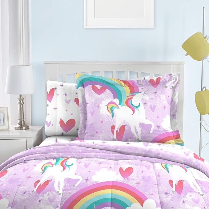dream FACTORY Kids 7-Piece Complete Set Easy-Wash Super Soft Microfiber Comforter Bedding, Full, Purple Unicorn Rainbow