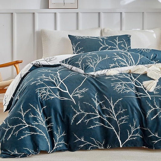 Lekesky Reversible Duvet Cover King Size, Dark Blue White Thin Branch Duvet Cover King 3pc Ultra Soft Microfiber Breathable Stylish Bedding Set with Zipper Ties