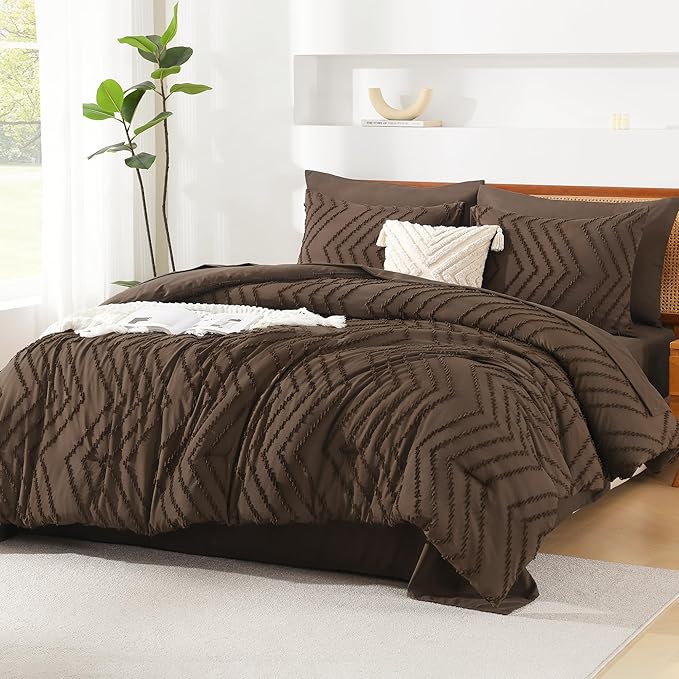 Litanika King Size Comforter Set with Sheets Brown - 7 Pieces Bed in a Bag King Chevron Tufted Complete Bedding Sets with Comforter, Sheets, Pillowcases & Shams