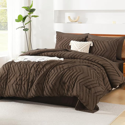 Litanika Oversized Queen Size Comforter Set with Sheets Brown - 7 Pieces Bed in a Bag Oversized Queen Boho Tufted Complete Bedding Sets with Comforter, Sheets, Pillowcases & Shams