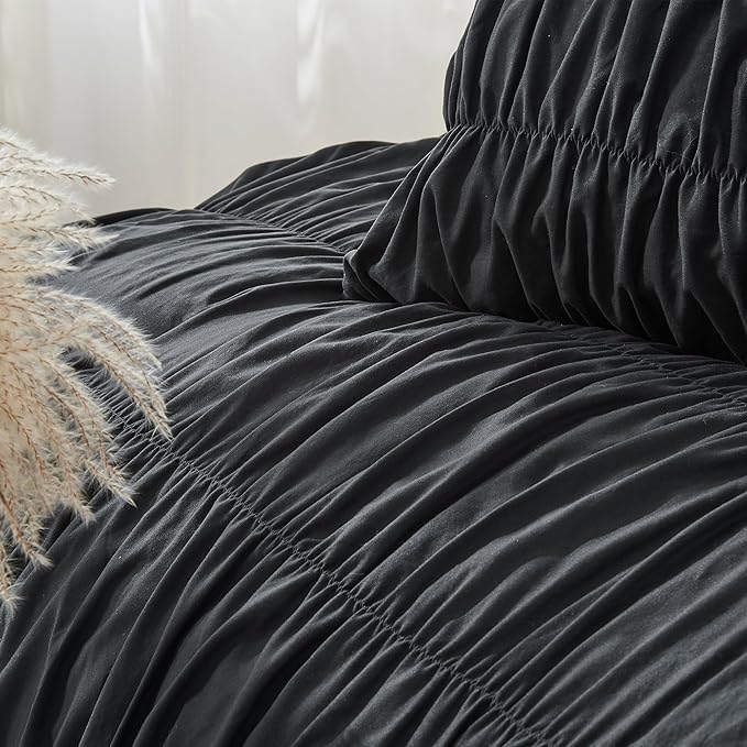 Bonlino King Size Comforter Set - Ruched Black Comforter King Bed Set Boho Shabby Chic Bedding - Fluffy 3 Piece Ruffle Comforter Set with Pillow - Soft and Luxury