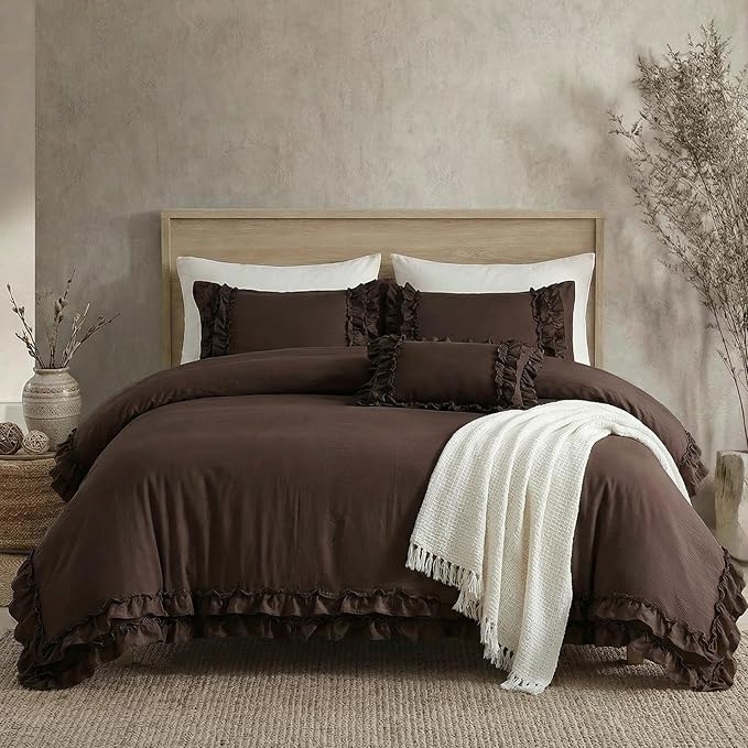 Dark Brown Duvet Cover Set Elegant Ruffled Bedding Queen Shabby Chic Lace Ruffle Boho Bedroom Decor Vintage Boho Style Chocolate Duvet Cover with Pillowcases