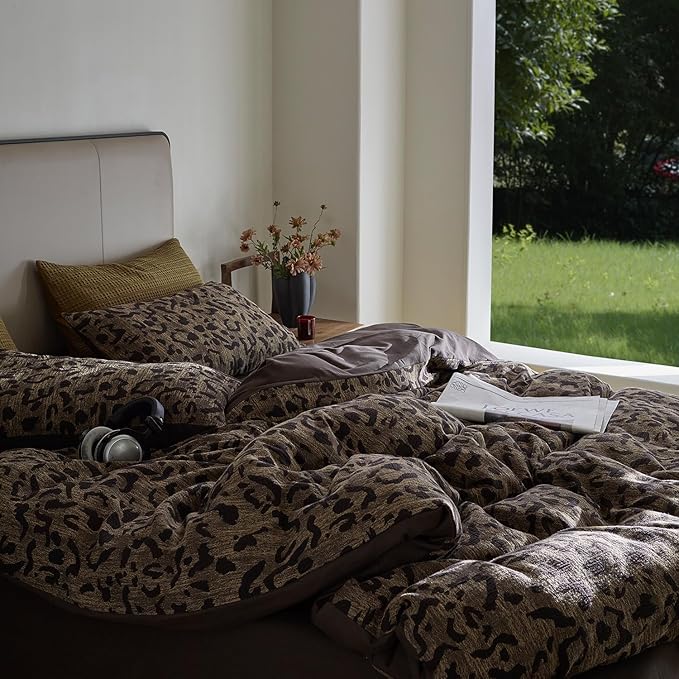 LifeTB Leopard Print Duvet Cover King Yarn-Dyed Jacquard Cotton Duvet Cover Brown Leopard Pattern Comforter Cover Farmhouse Bedding Set Animal Cheetah Printed Comforter Cover with 2 Pillowcases