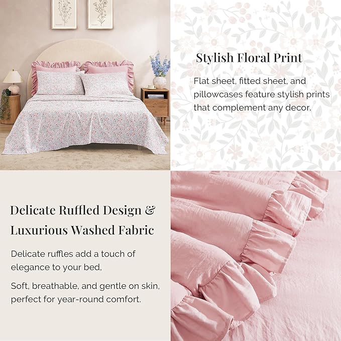 Twin XL Comforter Set - 5 Pieces Ruffle Soft Pink Bedding Sets, Shabby Chic Farmhouse Bed in a Bag Twin XL with Ruffle Comforter, Floral Sheets, Pillowcases & Shams