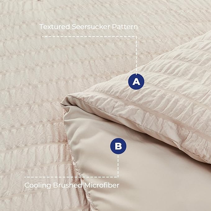 HYMOKEGE Beige Duvet Cover King Size, Ultra Soft 3-Piece Seersucker Duvet Cover Set with Zipper Closure, Soft Brushed Microfiber Bedding Set with 8 Corner Ties (104"x90", 2 Pillowshams)