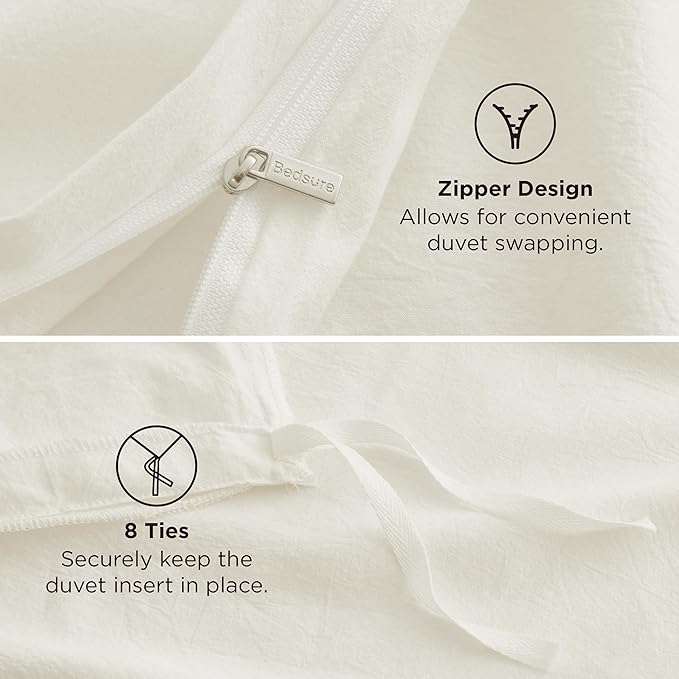 Bedsure 100% Washed Cotton Duvet Cover Twin Size - Ivory Minimalist Cotton Duvet Cover Linen Like for All Seasons - GentleSoft™ Plain Simple Bedding, 2 Pieces (Ivory, Twin, 68"x90")