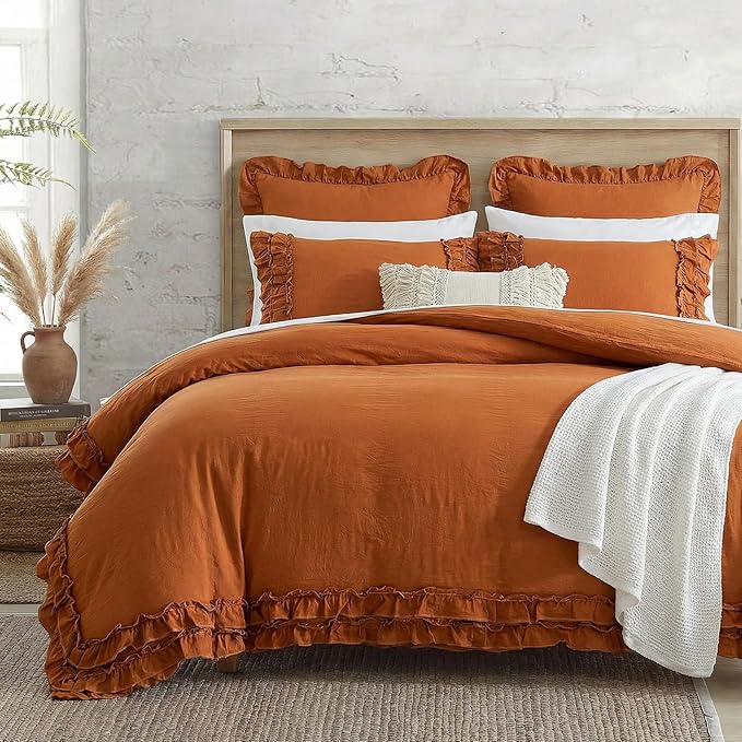 Bedorm Ruffled King Duvet Cover Burnt Orange Bedding Set Rust Lace Ruffle Boho Chic Bedroom Decor Super Soft Breathable Pumpkin Duvet Cover Set French Country Style