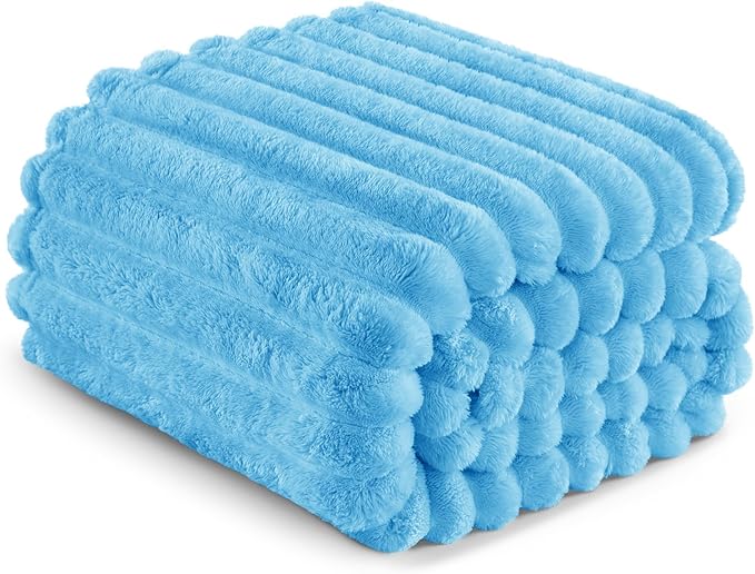 Exclusivo Mezcla Queen Size Flannel Fleece Blanket, Super Soft Striped Jacquard Bed Blanket, Lightweight Fuzzy Cozy for All Seasons, 90x90 Inches, Blue