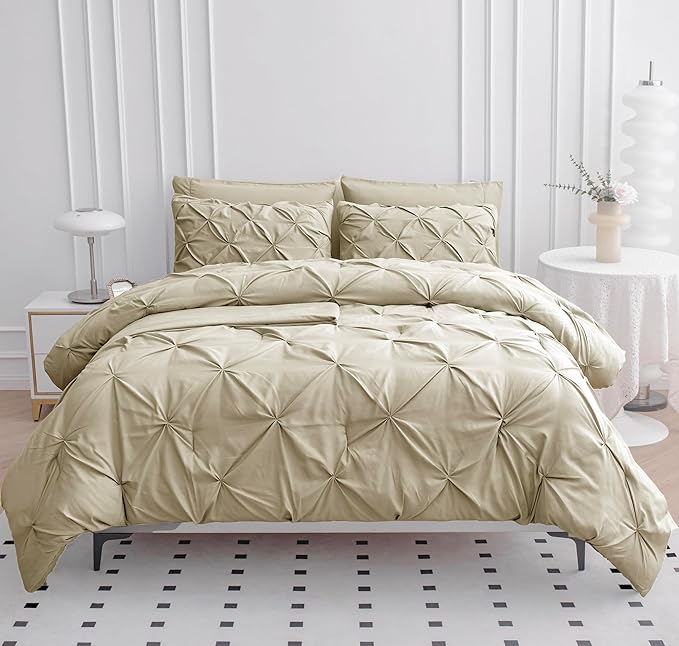 LANE LINEN Comforter Queen Size - Set of 7 Piece - Pintuck Stitch Design Bedding with 1 Comforter, 1 Flat Sheet, 1 Fitted Sheet, 2 Pillowcases & 2 Shams - Soft, Warm & Cozy Bedding Collection – Linen | Cozy not heavy, Cozy sleep surface, Very soft feel...