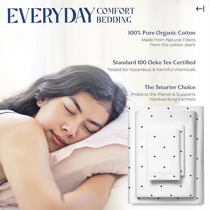 Mayfair Linen 100% Organic Cotton Printed Sheets King Size - 4 PC Organic Cotton Percale Sheets King Set (Polka Dot - Navy), Cooling, Breathable Bedsheets, 16" Deep Pocket Bedding Set - GOTS Certified
