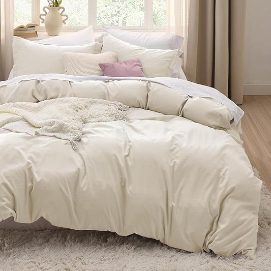 Bedsure Oat Milk Duvet Cover Queen Size Only - Prewashed Cotton-Like Polyester Extra Soft All Season Bedding, Includes 1 Duvet Cover 90x90 Inches with Zipper Closure, Comforter Not Included