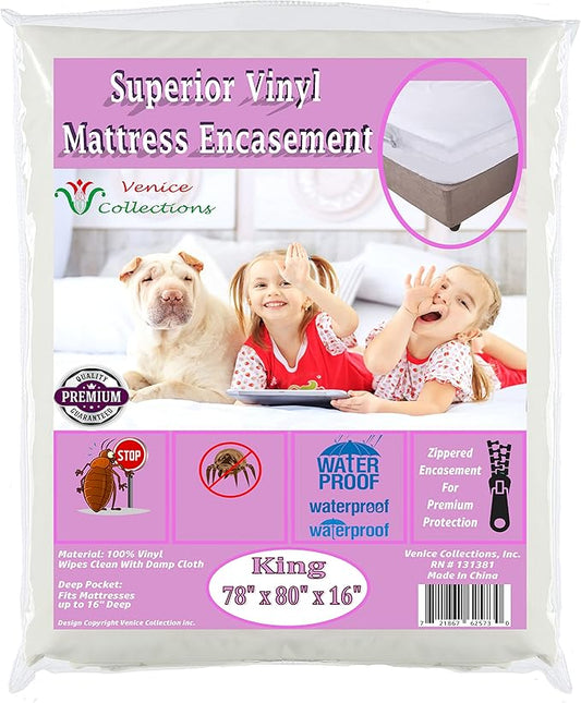 Superior Extra Heavy 8 Gauge Vinyl Mattress Protector Zippered Encasement Cover 100% Waterproof King Size White