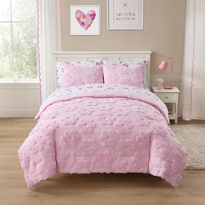 Kids Full Size Bed in a Bag Tufted Comforter & Sheet Set – Complete Bedding Set with Corner Strap Fitted Sheet, Ultra Soft Lightweight All Season Comforter, Girls Bedroom, Dorm, Guest Room
