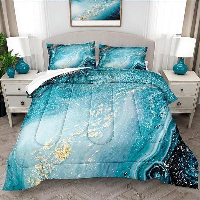 Bedbay Blue and Gold Marble Comforter Set Queen Size Teal Blue Bedding Boys Girls Queen Duvet Set 3 Pcs Modern Marble Texture Quilt Set Bedroom Guest Room Decor Soft Lightweight Comforter (Blue,Queen)