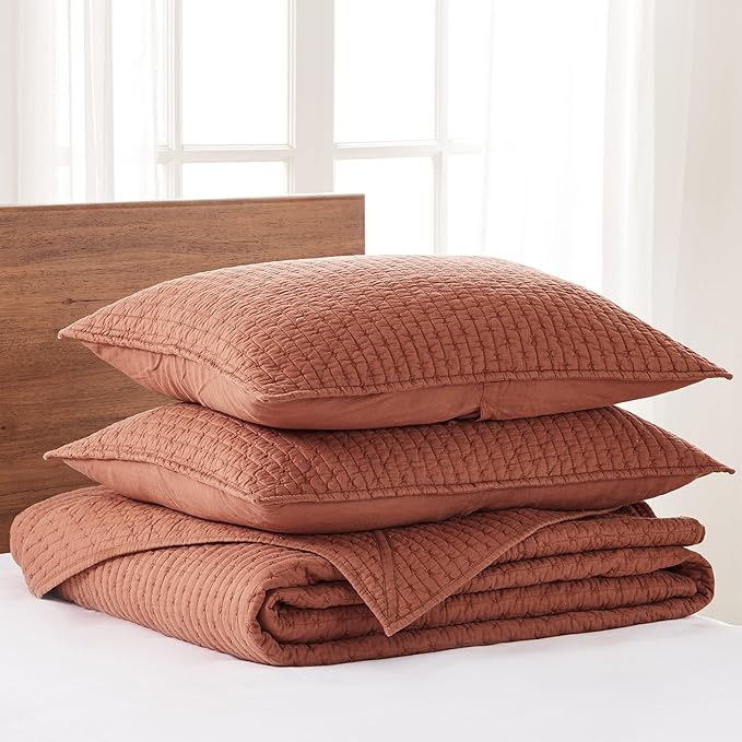 Levtex Home Cross Stitch Reversible King Bedspread Set (120x104in) with 2 Pillow Shams (36x20in) - Stitch Texture - Adobe - Cotton King Size Bedspread Set - Soft, Pre-Washed