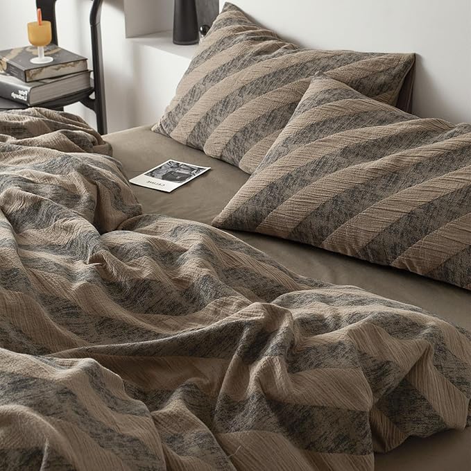 VM VOUGEMARKET Khaki Grey Striped Duvet Cover Queen Linen Cotton Bedding Set Jacquard Diagonal Stripes Duvet Cover Set Without Filling 90x90 Inch