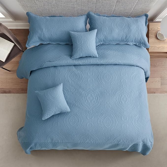 HZ & HY Oversized King Bedspread 138x122 Extra Wide, Ultrasonic Coverlet Bedding Set, Lightweight Thin Comforter, Reversible, 5 Piece, 100% Microfiber, California/Alaskan King, Ashley Blue