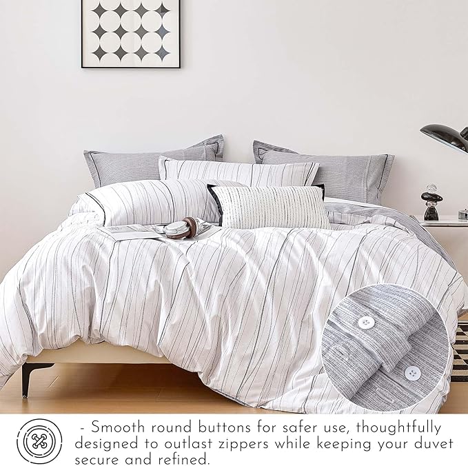 Modern Urban 100% Natural Cotton Duvet Cover Sets 3Pcs - Gray Artistic Lines Pattern on White with Textured Light-Gray Reverse, Minimalist Bedding Set with Button Closure(Queen,90"×90"
