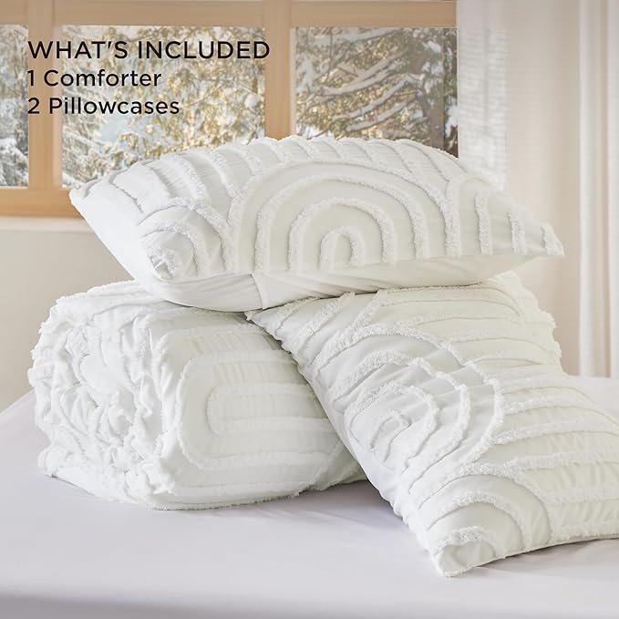 Bedsure Boho Tufted White Comforter Set Queen Size, GentleSoft™ 3 Pieces Boho Farmhouse Decor Bedding, Arch Shabby Chic Bedding for All Seasons, 1 Bed Comforter, 2 Pillow Shams, 90x90 Inches
