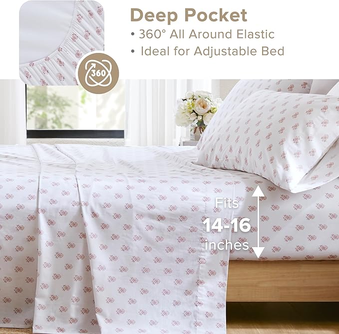 Comfort Spaces 100% Cotton Sheets Cal King, Breathable, Naturally Cool Cotton Sheets, Soft Cotton Bed Sheets with 14" Elastic Pocket Fits up to 16" Mattress, All Seasons Sheet Set, Floral Pink 4 Piece