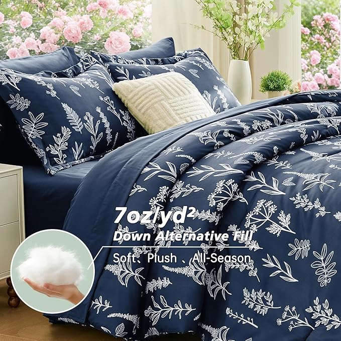 MUXHOMO Navy Blue King Comforter Set, Elegant Floral Print Bed in a Bag 7 Pieces, Ultra Soft & Breathable Reversible Botanical Pattern Bedding Set with Comforter, Sheets, Pillowcases, and Shams