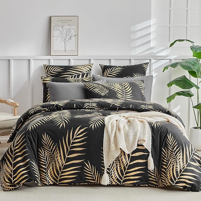 Lekesky Queen Duvet Cover Set, Black and Gold Tropical Palm Leaf Pattern Comforter Cover Queen Size, 3 Pieces Soft Microfiber Bedding Sets with Zipper & 2 Pillowcases, Comforter Not Included