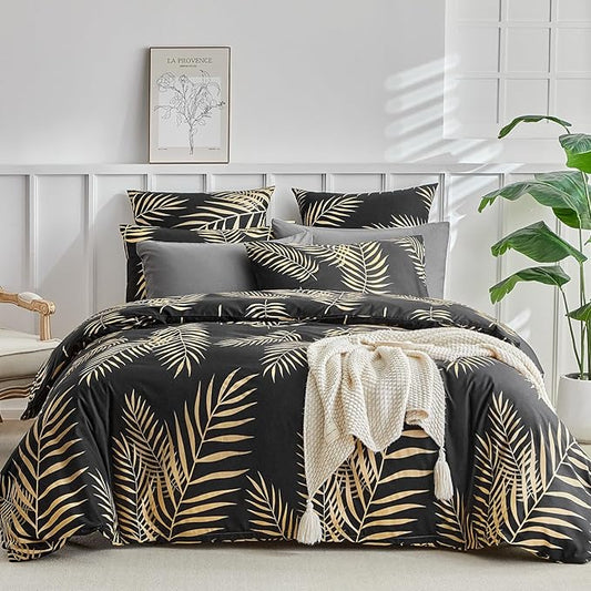 Lekesky King Duvet Cover Set, Black and Gold Tropical Palm Leaf Pattern Comforter Cover King Size, 3 Pieces Soft Microfiber Bedding Sets with Zipper & 2 Pillowcases, Comforter Not Included